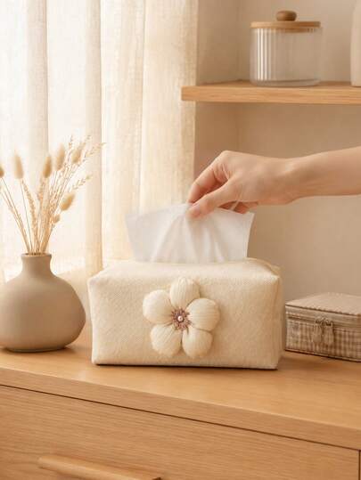 1Pc Nordic Style Beige Canvas Tissue Storage Bag, Fresh Flower Decoration Tissue Storage Bag, Home Decoration Tissue Bag, Suitable For Living Room, Bedroom, Study, Dining Room, Dressing Table, Office Desk, Birthday Gift, Holiday Atmosphere Decoration