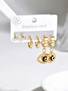 1 Set European & American Vintage Fashion Stainless Steel Plain Circle Eye Pendant Earrings Set For Women, Versatile For Daily Wear - Multicolor - View 7