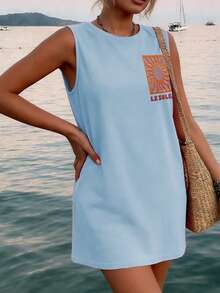 Vestido casual de moda Y2K bohemio para mujer con cuello redondo, estampado de letras en inglés y sol, elegante para la vuelta al colegio y brunch de primavera/verano - Azul - Ver 7
