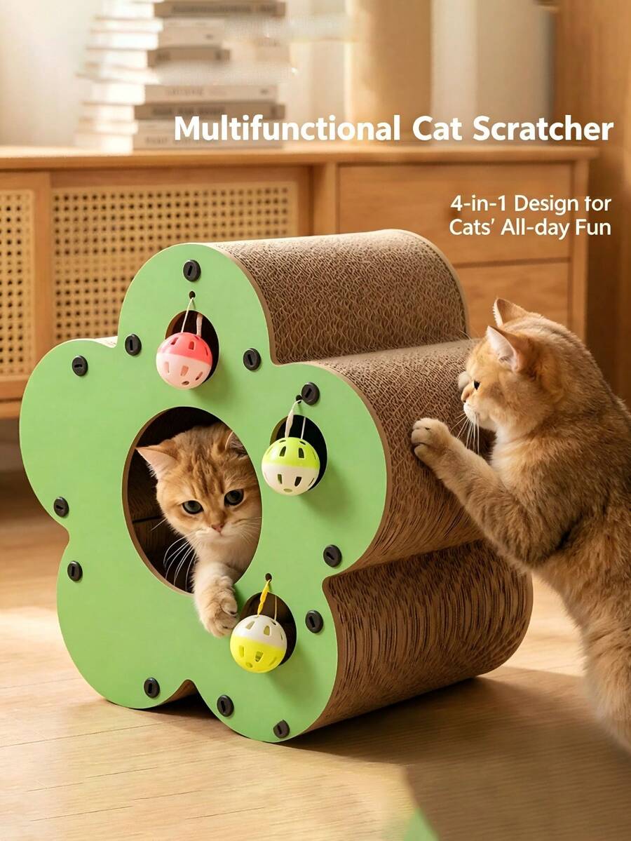 Flower-Shaped Cat Scratching Board With Interactive Bell Ball, Durable Cardboard Cat Scratching Pad, Indoor Cat Toy For Claw Care And Entertainment, Furniture Protection Pad For Kittens And Cats - one-size - View 1