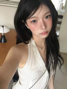韓式蕾絲拼接條紋細肩帶單排扣背心上衣 夏季 - 杏色 - 查看 3