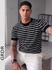 GRDR 1件男士夏季至初秋圆领条纹针织短袖衬衫，户外休闲装 - 黑色 - 查看 2