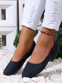 Suede Pointed Toe Low Vamp Flat Shoes Korean Style Minimalist Commuter Soft Sole Comfortable Anti-Slip Daily Casual Versatile Office Elegant Lady Style Boat Shoes Driving Loafers - Navy Blue - View 2