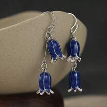 Elegantes pendientes largos de campana azul, pendientes de gancho de plata con pétalos de esmalte para mujer, joyería de boda de verano, regalo romántico para ella - Plateado - Ver 4