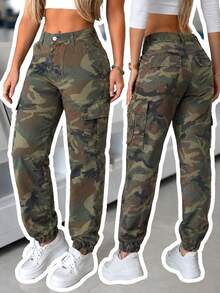 Women's Camouflage Denim Joggers, Casual Long Zipper Design Non-Stretch Cargo Denim Pants, Fashion Loose Long Pants Fall - Camouflage - View 1