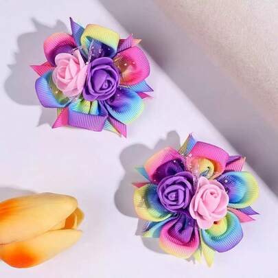 彩色布料花朵髮夾，漸層3D玫瑰花側邊夾，適合女孩