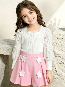 Young Girl Ruffle Collar Petal Sleeve Pearl Button Fashionable Top And 3D Floral Pleated Stylish Shorts Set - White - View 3