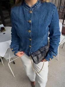 Camellia Spring/Summer New European And American Fashion Minimalist Gold-Plated Button Denim Jacket For Women Casual - Blue - View 3
