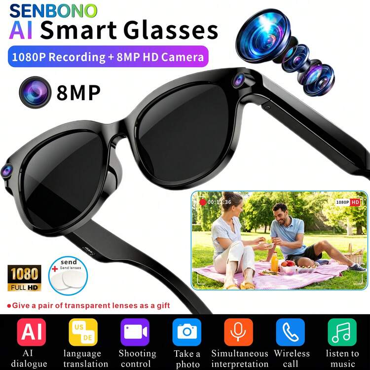 SENBONO New Smart Glasses, 8MP HD Camera/Anti-Shake HD Video Recording/Dual Microphone/Wireless Calling/AI Voice Assistant/APP Language Translation/Object Recognition, 290mAh Battery, World Cup Gift - View 8