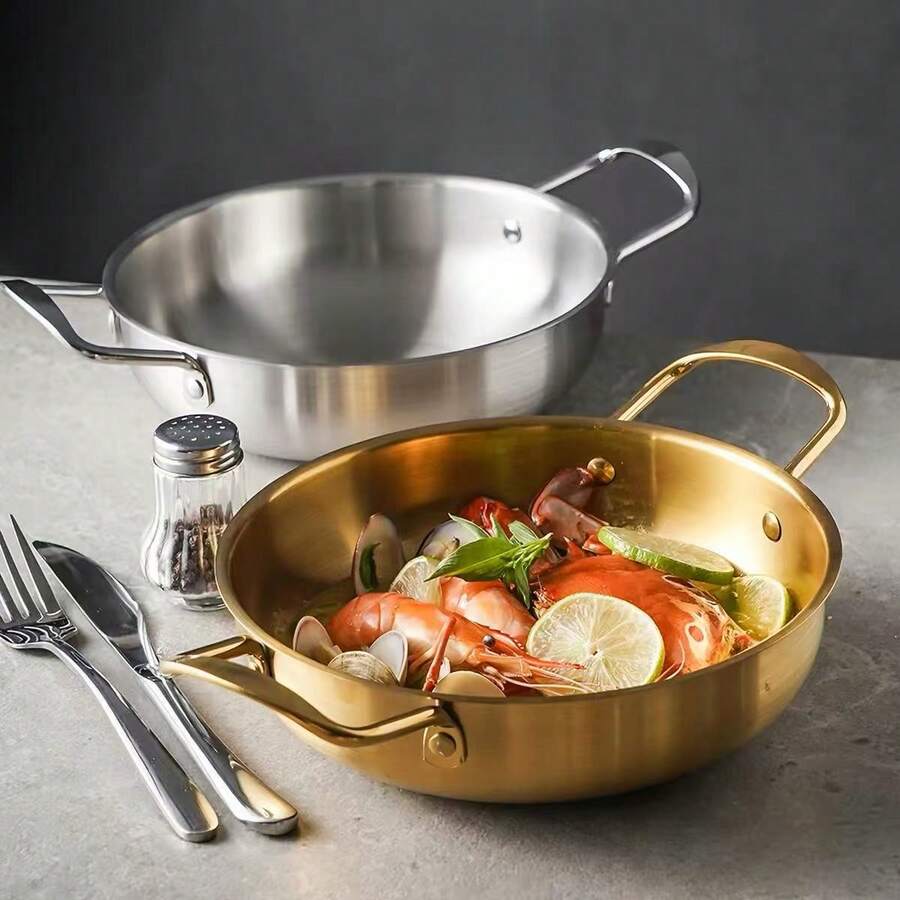 Flat Bottom Frying Pan, Available In Gold And Silver 2 Colors, Dual Handle European Style, Stainless Steel Pasta Plate, Steak Plate, Seafood Pot, Korean Hot Pot, Home Cooking, High Temperature Resistant Pot, Baking Tray