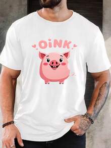 T-shirt graphique à manches courtes en pur coton pour hommes, imprimé cochon mignon, col rond, style décontracté, pour l'été et le port quotidien - Blanc - Voir 1