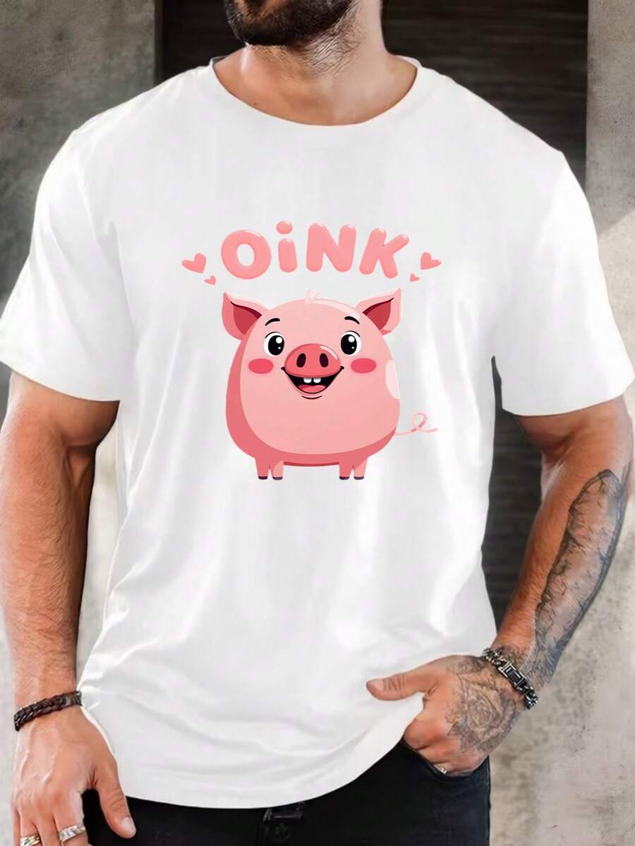 T-shirt graphique à manches courtes en pur coton pour hommes, imprimé cochon mignon, col rond, style décontracté, pour l'été et le port quotidien - Blanc - Voir 1
