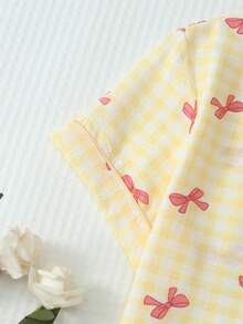 2pcs Women's Comfortable Plaid Bow Print Short Sleeve Collared Top And Bow Shorts Pajama Set, Spring/Summer - Yellow - View 4