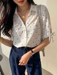 New Spring/Summer Dopamine Color Cute Peter Pan Collar Puff Long Sleeve Shirt Top For Women, Polka Dot, Suitable For Outings - White - View 6