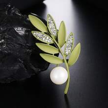 1pc/2pcs Rhinestone Leaf Brooch, Matte Green & Black Tone With Faux Pearl Accent, Nature-Inspired Pin For Women's Coats, Dresses & Scarves - A - View 2