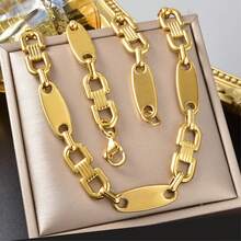 Heavy Hip-Hop Style 18K Gold-Plated Stainless Steel Geometric Oval Necklace, Suitable For Fashionable Men And Women For Daily And Party Wear - Gold - View 4