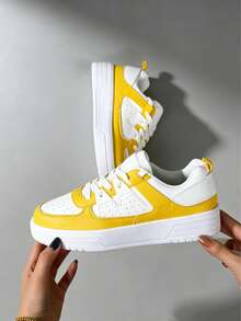 Women's Yellow & White Sneakers, Lightweight Lace-Up Casual Shoes For Everyday Errands, Dog Walking, Gardening, Picnic, Budget-Friendly Footwear - 黃色 - 查看 7