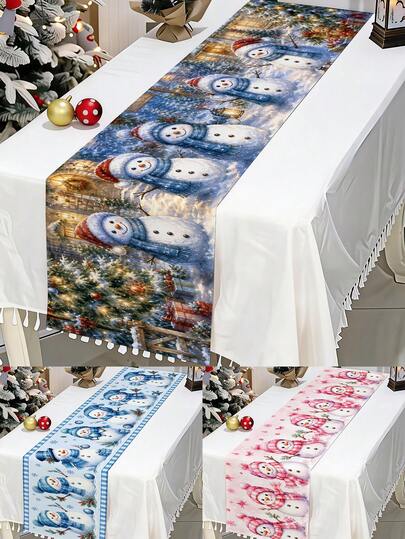 1Pc 13.78 X 70.87in Polyester Christmas Table Runner Pink Blue Snowman Design Featuring Snowflakes, Christmas Trees, Gift Boxes, And Cottages; Ideal For Family Christmas Parties And Festive Home Decor