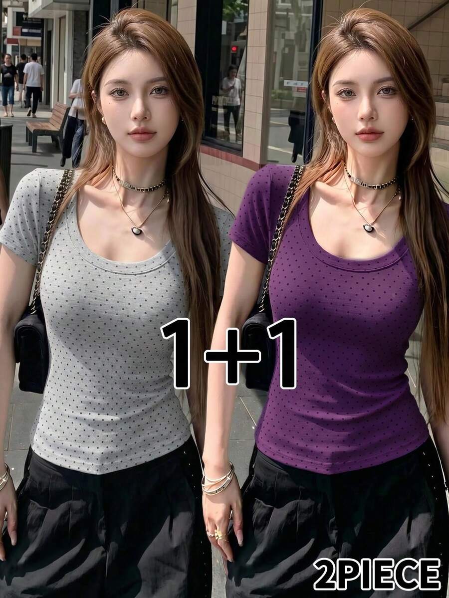 夏季街頭風上衣 約會日常通勤 簡約可愛俏皮性感 Y2K 紫灰色拼色波點辣妹圓領修身度假休閒款 - 彩色 - 查看 1