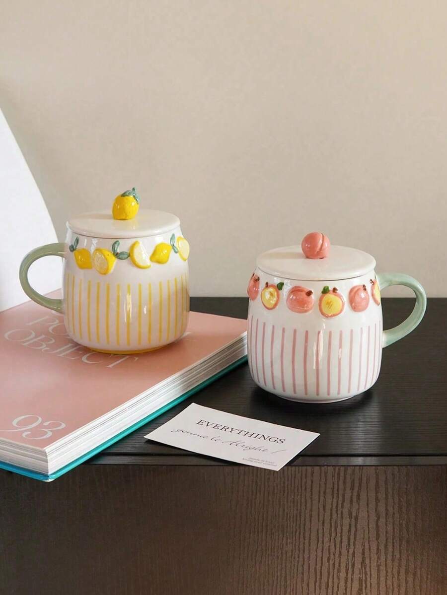 1pc Embossed Fruit Striped Ceramic Mug, Exquisite Coffee Cup With Lid, Lemon, Peach, Strawberry And Blueberry Pattern, Elegant And Practical, Suitable For Home Decor, Father's Day Gift, Father's Day Decoration, Independence Day Gift Decoration, Back To School Gift, Halloween Decoration And Christmas Decoration, Suitable For Coffee Cup, Living Room, Bedroom, Coffee Art, Gift. - Multicolor - View 1