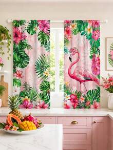 2pcs Flamingo Print Curtains,Tropical Floral Leaf Rod Pocket Curtains,Pink Girly Bedroom Curtains,Boho Home Decor,Living Room Balcony Window Treatments,Vacation Style Room Setting,Curtain Panels - Multicolor - View 8