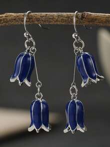 Elegantes pendientes largos de campana azul, pendientes de gancho de plata con pétalos de esmalte para mujer, joyería de boda de verano, regalo romántico para ella - Plateado - Ver 7