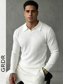 Men's Ribbed Collar Long Sleeve Knit Sweater, Casual Versatile Outerwear - White - View 1