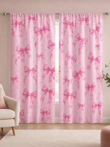 2pcs Pink Bow Print Curtains, Rod Pocket Polyester Bedroom Curtains, Sweet Romantic Home Decor, Living Room Bay Window Curtains, Room Soft Furnishing Textile - Multicolor - View 6