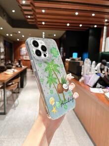 1pc St. Patrick's Day Coconut Tree & Four-Leaf Clover Print Phone Case, Transparent Foil Texture Full Coverage Shockproof Soft Shell, Fresh Vacation Style Gift Protective Cover, Compatible With IPhone17/17Pro/17ProMax/16/11/16Plus/16ProMax/16e/15ProMax/13/14/12/14ProMax/12ProMax/13ProMax/12Pro/13Pro/14Pro - Colorful Feather Yarn - View 3