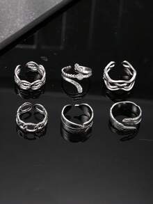 Men's 6pcs Stainless Steel Ring Set, Minimalist Feather Chain Hollow Design Open Ring, Versatile Everyday Wear, Gift For Boyfriend - Silver - View 2
