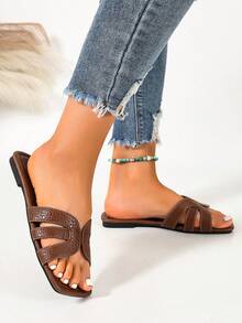 Ximi Ruo Women's Spring/Summer New Fashion Casual Style Slide Sandals, Comfortable Flat Heel Beach Shoes, Low Heel Round Toe Minimalist Versatile Decorative Flat Slides For Outdoor Wear - Brown - View 6