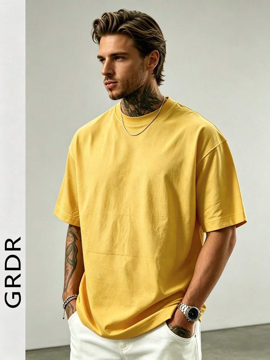 GRDR Men's Fashionable Minimalist Solid Color Crew Neck Short Sleeve T-Shirt, Suitable For Casual Daily Wear