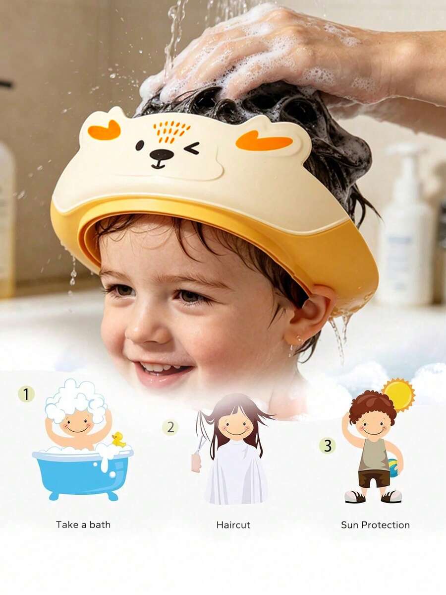 1pc Adjustable Cartoon Waterproof Bath Cap - Baby Bathing & Hair Washing Cap, Portable Shower Cap, Water-Shielding Eye Protection Design, Cute Deer Shape - High-Quality Ear Protection Function, Bathroom Essential Bathing Cap, Practical Bathroom Accessory, Fun Design, Comfortable To Wear