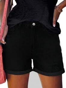Minimalist Casual Street Style Wide Leg Loose Fit Women's Denim Shorts Hot Pants - Black - View 3