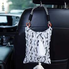Car Seat Back Tissue Box Holder, Car Hanging Tissue Dispenser, Car Interior Hanging Storage Bag, Creative Cute Tassel Decorative Tissue Carrier, Elegant Fabric Car Tissue Organizer For Vehicle Organization - Grey Stripes - View 4