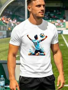 Herren-T-Shirt Mit Fu?Ball-Grafikprint, Frühling, Premium-Baumwolle, Lockere Passform, Atmungsaktiv, L?Ssig, Auff?Lliger Print - White - View 1