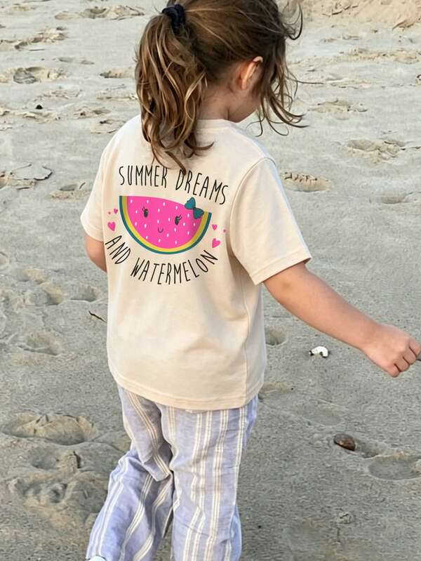 Aesthetic Baby Girl Short Sleeve T-Shirt, Cute Watermelon Heart Back Print Loose Fit Unisex Summer Play Top, Suitable For Baby Girls