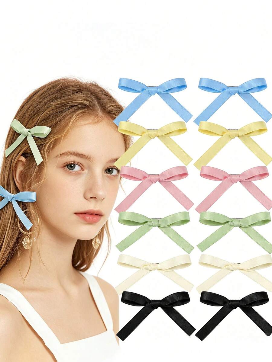 12pcs Ballet Style Ribbon Bow Hair Clips, Side-Clip Macaron Color Sweet ...