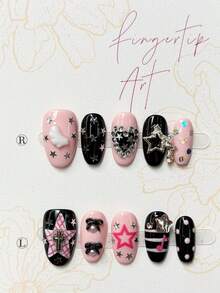10pcs Y2K Hot Girl Nail Art Black & Pink Contrast Bow, Star, Wing, Cross, Heart, Rhinestone, Pearl, Polka Dot Decor Removable Nail Stickers (1 Sheet Jelly Stickers + 1 Nail File) Nails Handmade Press On Nails - Multicolor - View 4