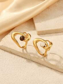 2pcs Women's 18K Gold Plated Stainless Steel Open Adjustable Wrap Rings, Intertwined Twisted Metal Design With Round Natural Shell And Tiger Eye Stone Inlaid, Vintage Daily Party Fashion Jewelry - Yellow Gold - View 2