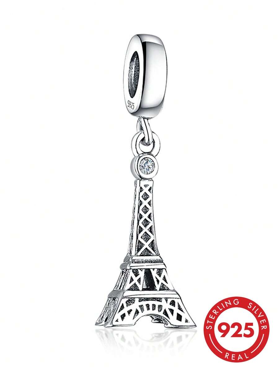 HuooNew 1pc 925 Sterling Silver Eiffel Tower Pendant Charm, Inlaid CZ Crystal, Suitable For Bracelet, Paris Travel Style, Hypoallergenic Jewelry - Silver - View 1