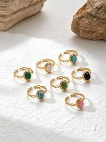1pc New 18K Gold Plated Natural Stone Chunky Jewelry Ring For Women, Bohemian Style Daily Wear Gift, Waterproof Jewelry, Gold Ring, Elegant Ring, Exquisite Gift, Women's Jewelry - NO.1 - View 11