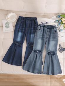 2pcs/Set Girls Toddler Casual Style 3D Bow Soft Comfortable Denim Flare Pants Suitable For Outdoor Wear Spring/Summer - Blue - View 2