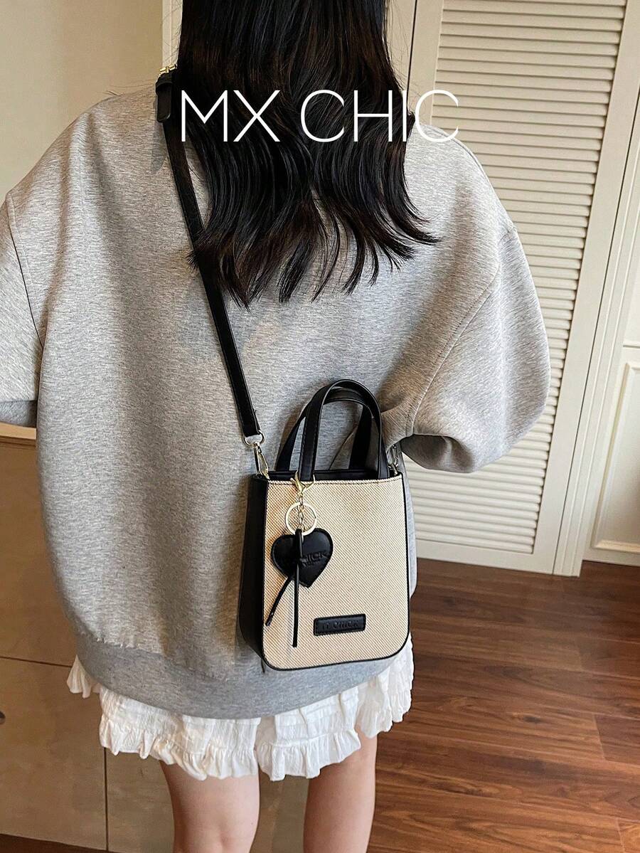 1 件女士纯色 PU 手提包，拉链开合，时尚女友礼物 - 黑色 - 查看 1