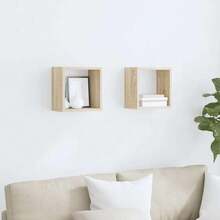 vidaXL Wall Shelf, Set Of 2, Wall-Mounted Shelf, Wall Storage With Ample Space For Books And Awards, Cube Shelf, Hanging Shelf, Bookshelf, Light Oak/Khaki Wood Composite - Light Oak Khaki - View 13