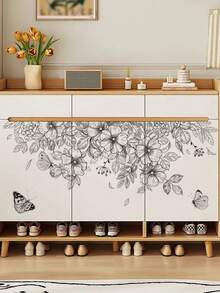 1 Piece Of Black And White Floral Series Wall Decal, Line-Drawing/Ink-Style Butterfly Decorative Sticker, Self-Adhesive And Removable For Bedroom Or Hallway Walls, Comes With An Artistic Feel, Perfect For Creating A Personalized Home Corner. - Wall Stickers - View 3