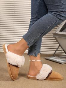 Women's Flat Indoor Home Slippers, Comfortable Home Shoes With Fur Lining - Camel - View 4