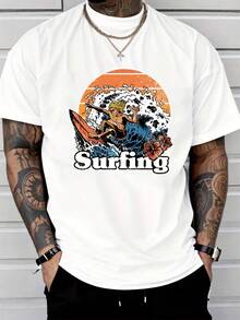 T-shirt à manches courtes en pur coton pour hommes, imprimé graphique de surf rétro, top décontracté d'été pour le quotidien - Blanc - Voir 1