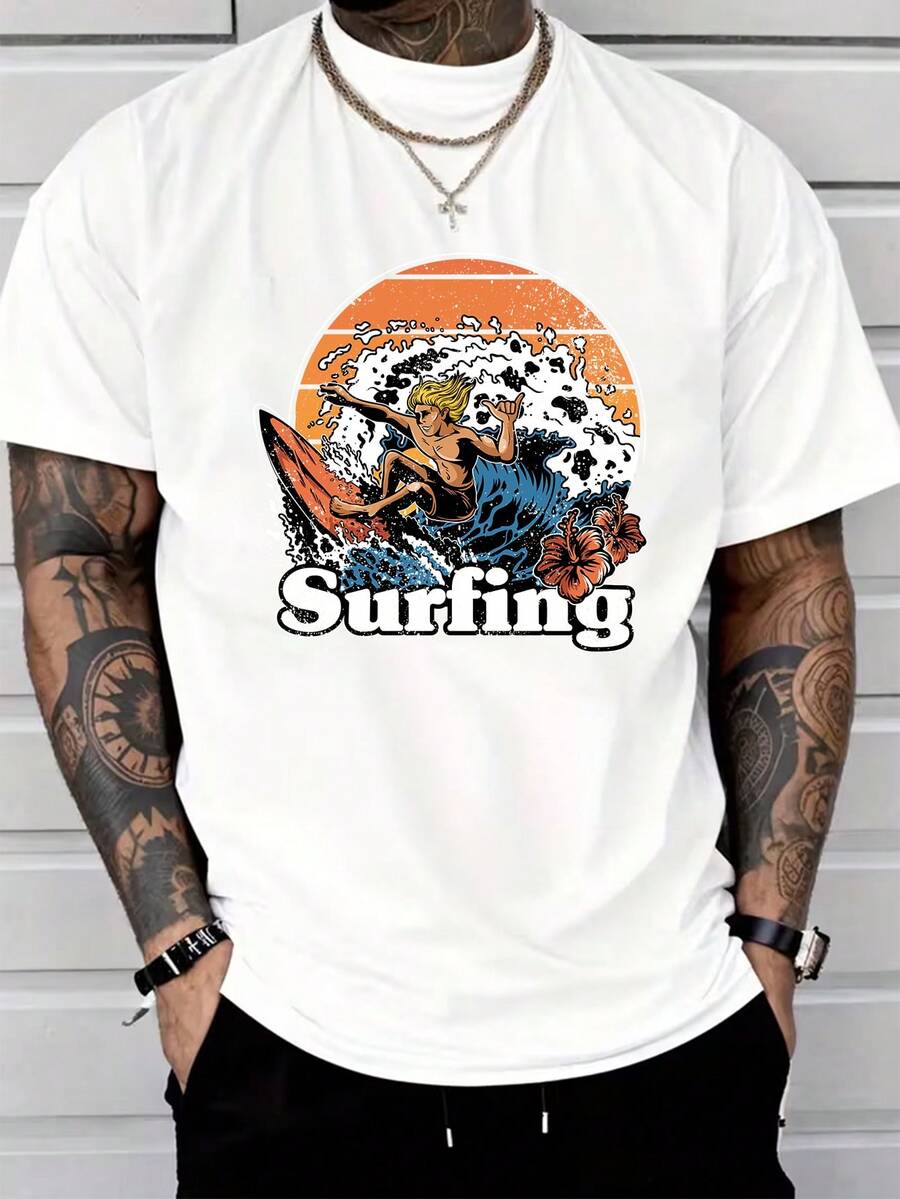 T-shirt à manches courtes en pur coton pour hommes, imprimé graphique de surf rétro, top décontracté d'été pour le quotidien - Blanc - Voir 1