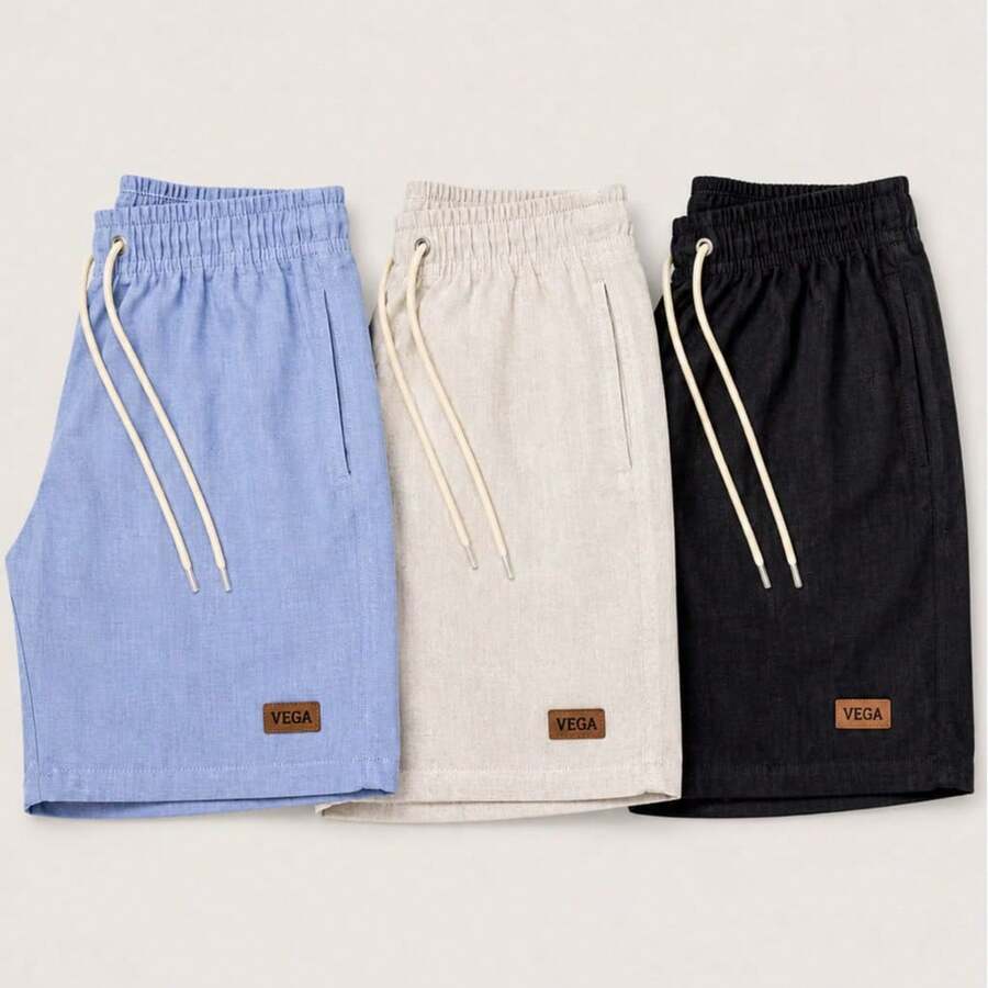 Kit 3 Premium Linen Shorts Bermuda Mauricinho Men's Casual Basic Comfortable Leather Label Detail - 淺藍色 - 查看 1